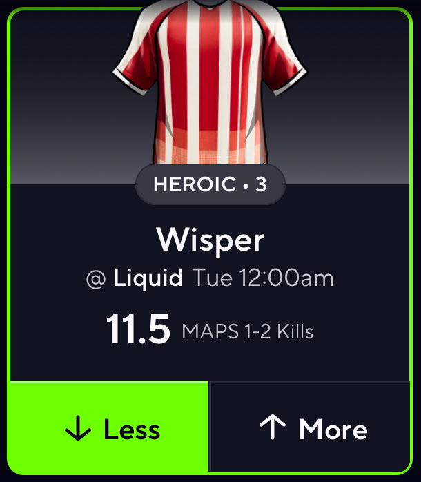 Dicemanbets's tweet image. 🚨 PrizePicks #POTD 🚨

Wisper under 11.5 kills (LoL)

HEROIC vs Liquid 

#Gambling𝕏 #GamblingTwitter #PrizePicks 

@LCSLarry @JuicedBetsEV