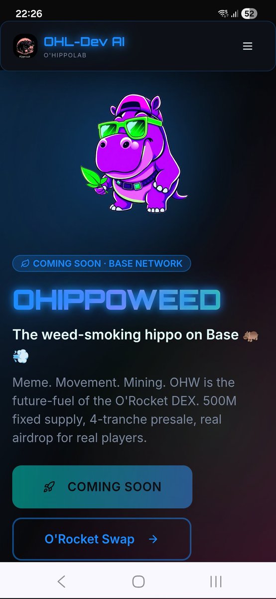 BlackHippoDev's tweet image. ⏰️ is ticking 

Less than 10 days until presale start 

Don't miss out 

Secure your position on time 

Discover (OHW) OHippoWeed

ORocketDEX's native token 

 Landing on @base

Telegram 
t.me/OHippoLabAI

Platform
ohippolab-ai-oracle.com
#crypto #weed #meme #dex