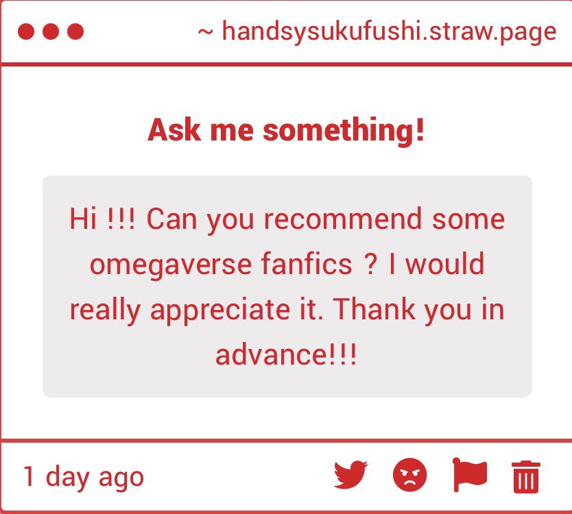 awh man i really wish i could but like… i havent read much fics at all in a hot minute 😭😭😭 IM SORRY i have some omegaverse stuff on my ao3 tho 🤕🤕