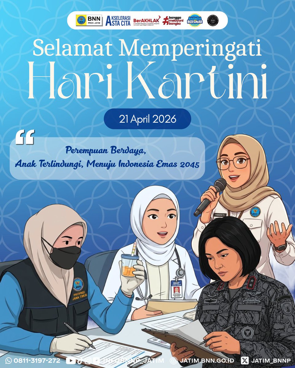 Mari bersama wujudkan lingkungan yang aman, sehat, dan bersih dari narkoba, demi anak-anak Indonesia yang terlindungi hari ini, menuju Indonesia Emas 2045.

#HariKartini2026 #KartiniMasaKini #IndonesiaBersinar #WarOnDrugsHumanity #BNNPJawaTimur