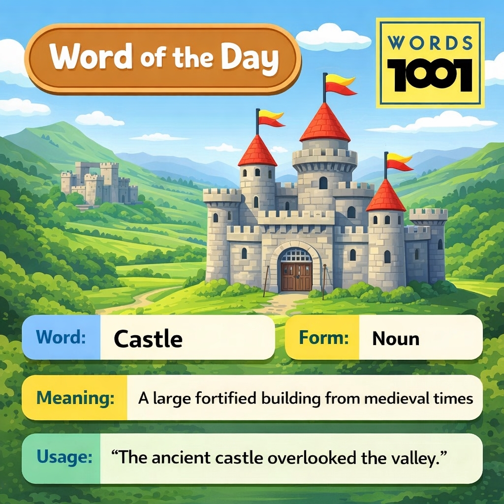 IndiaSpelling's tweet image. Word of the Day: CASTLE
A large fortified building from medieval times.
“The ancient castle overlooked the valley.”
🏰 Built for defence and residence.
🌟 More 👉 zurl.co/VAjEl?utm_sour…
#WordOfTheDay #LearnEnglish #Vocabulary #WordPower