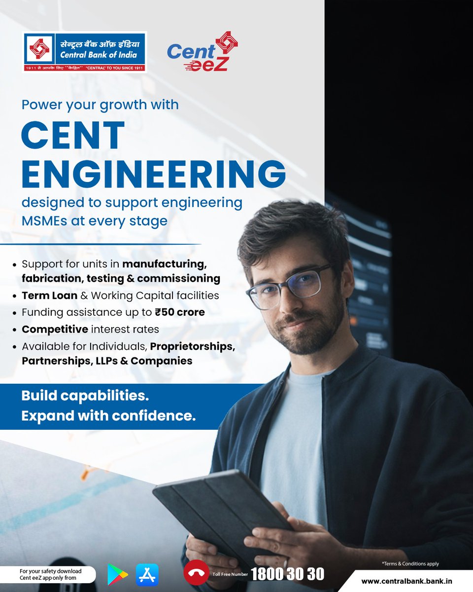 centralbank_in's tweet image. Fuel your engineering business with Cent Engineering—flexible funding, competitive rates &amp;amp; support to scale your operations.

#CentEngineering #MSMEFinance #BusinessGrowth #CentralBankOfIndia #CentralToYouSince1911
