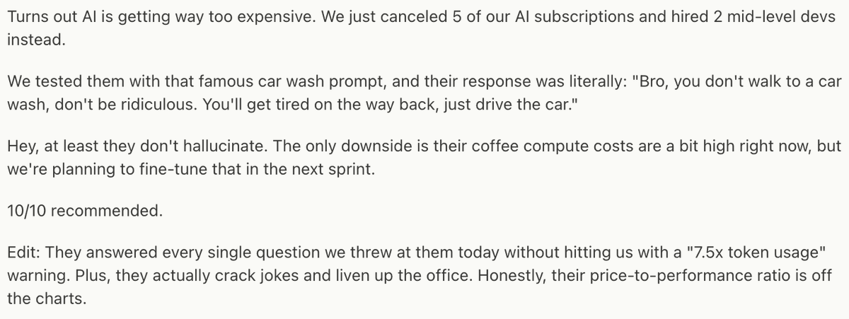 adxtyahq's tweet photo. "The only downside is their coffee compute costs are a bit high right now, but we're planning to fine-tune that in the next sprint." 
bruh hahaha🤣 https://t.co/1fHrQ3eQaK