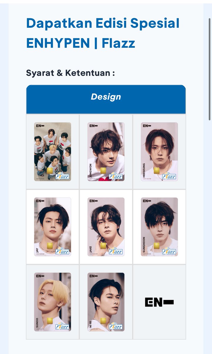 jaywonyou's tweet image. INFO FLAZZ EDISI SPECIAL ENHYPEN

- design kartu flazz terdiri dari 7 member + 1 group
- pembelian dapat dilakukan mulai tanggal 21 april jam 12.00 WIB di fitur lifestyle mybca menu blibli
- harga /kartu flazz Rp75.000

SELAMAT WAR ENGENE INAAA!! 😭😭