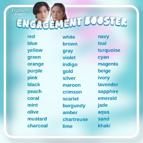 FranSethSquad_'s tweet photo. 𝙀𝙉𝙂𝘼𝙂𝙀𝙈𝙀𝙉𝙏 𝘽𝙊𝙊𝙎𝙏𝙀𝙍 

What’s your favorite color?

Retweet, like, and reply along with our official tagline!

FRANSETH SWMNBN 2ndPOSTER https://t.co/YqNRqGMpiL