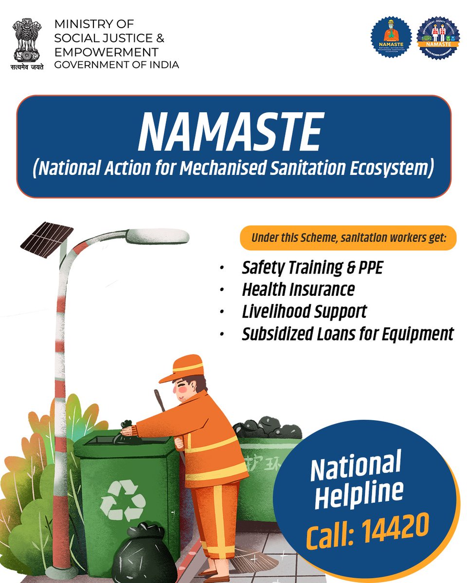 MSJEGOI's tweet image. Empowering sanitation workers with safety, dignity, and support. 📞 Helpline: 14420 #NAMASTE

@PMOIndia @narendramodi @AmitShah @Drvirendrakum13 @RamdasAthawale @blvermaup @PIB_India @mygovindia @MIB_India @NISD_India @nskfdc @NSFDC_MOSJE @nbcfdc