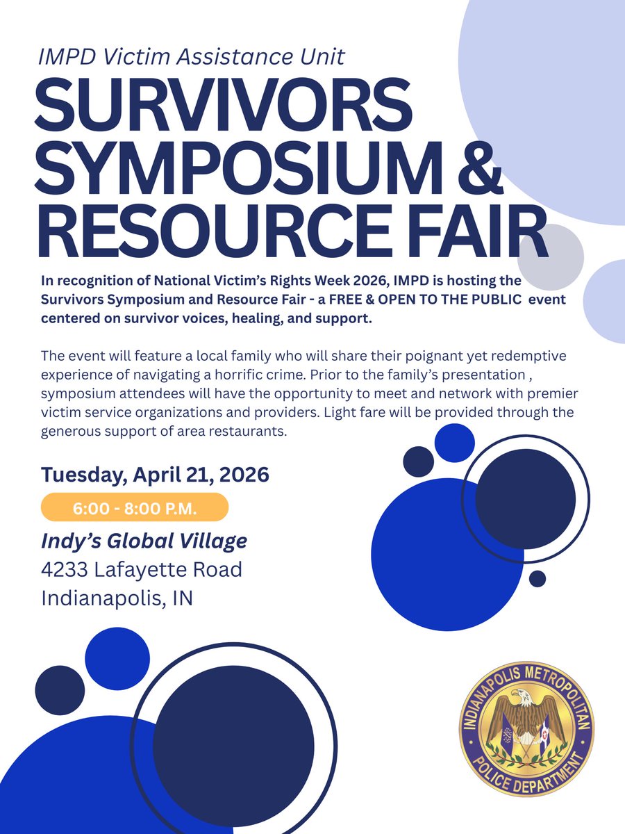 IMPD_DCAdams's tweet photo. Come join @IMPDnews and hear incredible stories of perseverance, courage and pain as survivors share their story. We want to honor survivors, promote victim rights, and highlight services this National Crime Victim Rights Week #NCVRW2026 https://t.co/dOeq2p5d7f
