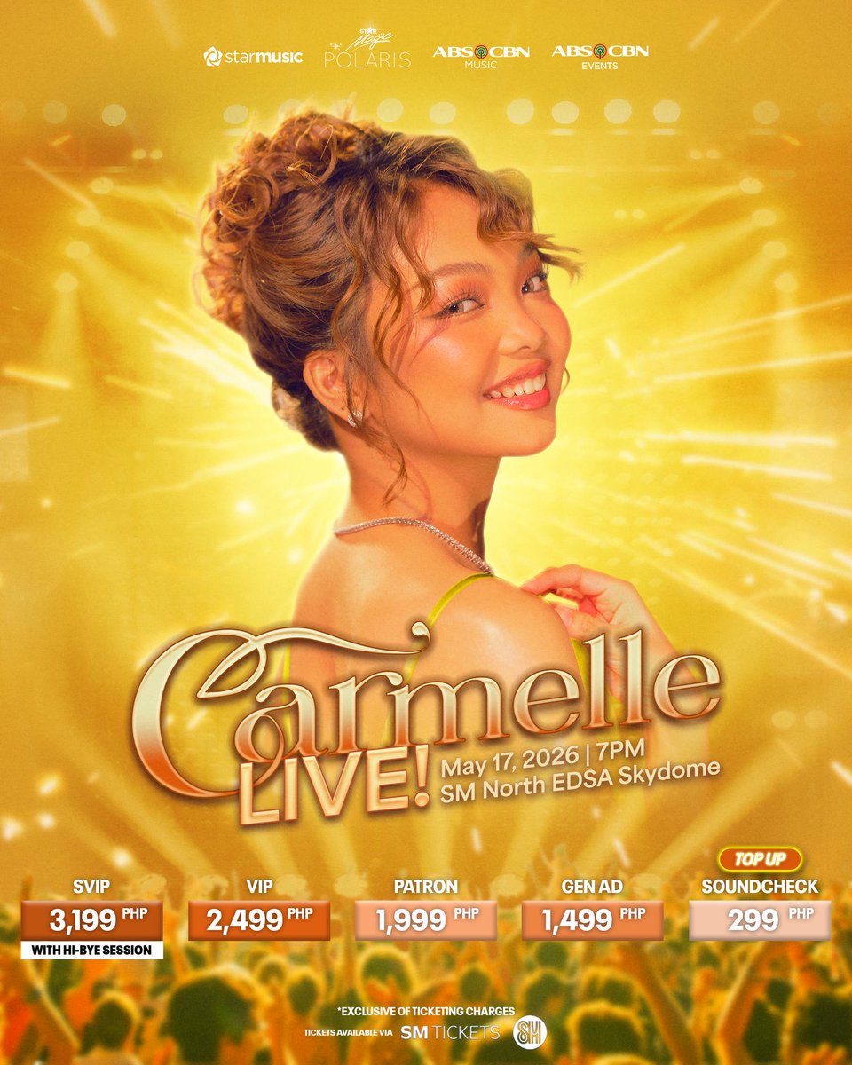 LiteYourWay's tweet image. Hello World! Don’t miss the chance to witness an amazing performances from our New Gen Pop Diva, Carmelle Collado in her upcoming concert

CARMELLE LIVE!
🗓️  May 17, 2026 | 7PM
📍 SM North EDSA Skydome
🎟️ GET YOUR TICKETS HERE: smtickets.com/events/view/17…

#CarmelleCollado #Concert