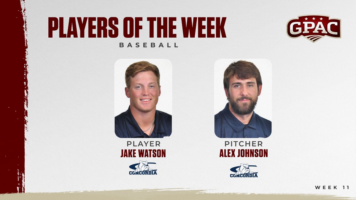 GPACSports's tweet photo. BASEBALL: Week 11 Honors - 

The @cunebulldogs sweep the week!

(Player) Jake Watson, Catcher

(Pitcher) Alex Johnson

Complete Release:
https://t.co/KWaItXqgy3 https://t.co/PLqG3HFvmo