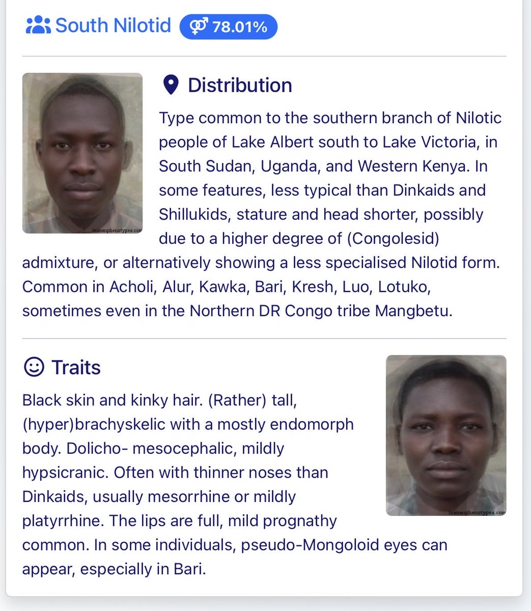 AfricansDNA's tweet photo. A few reasons why everyone seems to agree he looks Kenyan (specifically Luo) …. but they can’t pin point why.

It’s the South Nilotid Phenotype, most common in Western Kenya and Northern Uganda and some parts of South Sudan. Phenotypes aren’t exactly science but tend to be accurate.

Relatively narrow and elevated nose bridge (common in East Africa), compact face (not as elongated as many other East African groups but narrow), dark skin but a shade lighter than other Nilotic groups because of Bantu admixture.

Can appear in other parts of Africa especially Senegal/Gambia but most prevalent in Western Kenya and Northern Uganda.