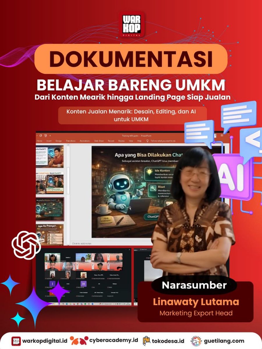 WarkopDigital's tweet photo. Dalam sesi ini kita membahas ragam tools AI untuk kreasi konten, hingga praktik langsung membuat materi promosi dan landing page yang siap dipakai jualan ✨

Sampai jumpa di sesi selanjutnya!

#UMKMNaikKelas
#BelajarBarengUMKM
#WarkopDigital
#DigitalMarketing
#ContentStrategy https://t.co/RhAVd0plke