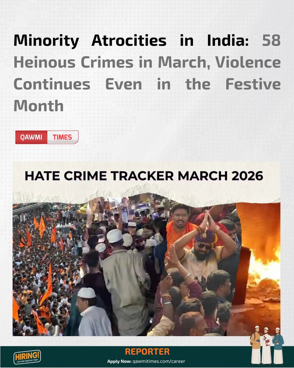 Qawmitimes's tweet image. 58 hate crimes were recorded in India in March. From children to the elderly, no one was left out.

#HateCrime #India #Ramnavami #Holi #MinorityRights #HumanRights #SouthAsiaNews #QawmiTimes

Read More: qawmitimes.com/news/7245/