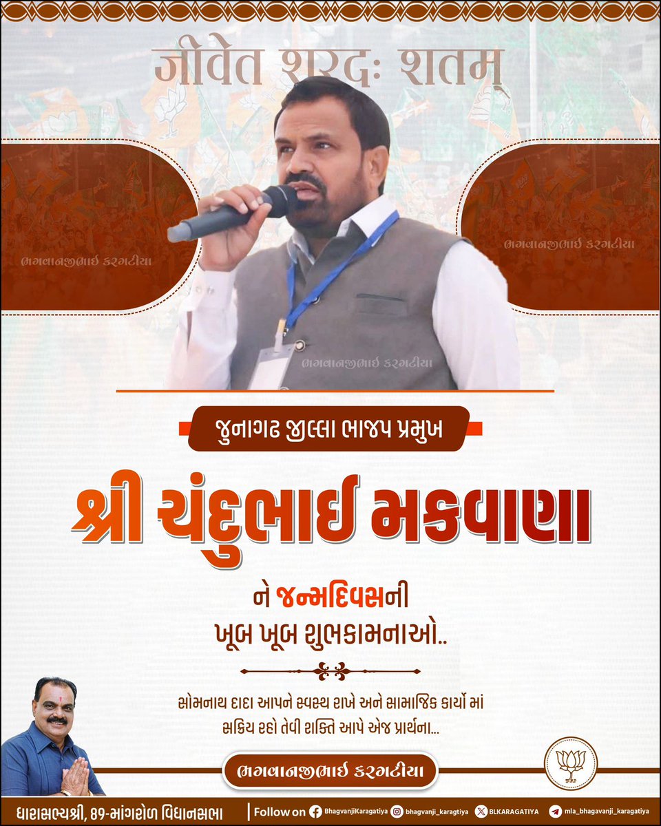 જૂનાગઢ જિલ્લા ભાજપ અધ્યક્ષશ્રી ચંદુભાઈ મકવાણાને જન્મદિવસની અઢળક શુભકામનાઓ.

કામનાથ મહાદેવ આપને ઉત્તમ સ્વાસ્થ્ય અને દીર્ઘાયુ જીવન પ્રદાન કરે એજ પ્રાર્થના.
#bhagvanjikargatiya #89mangrol