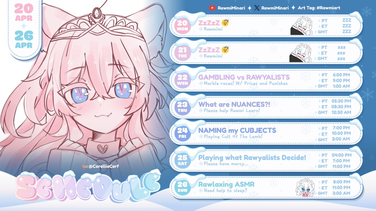 rawmiminari's tweet photo. 📢🔔 OFFICIAL ANNOUNCEMENT |

Silver Peak’s Sanctuary
Presenting the weekly schedule for our Snow Leopard Princess, Rawmi Minari!  ❄️🐾

Please find the streaming hours below and join us in providing her with a warm welcome 🩵 We look forward to seeing you there! 🌟

#RawmiMinari https://t.co/oE2r7sHQsH