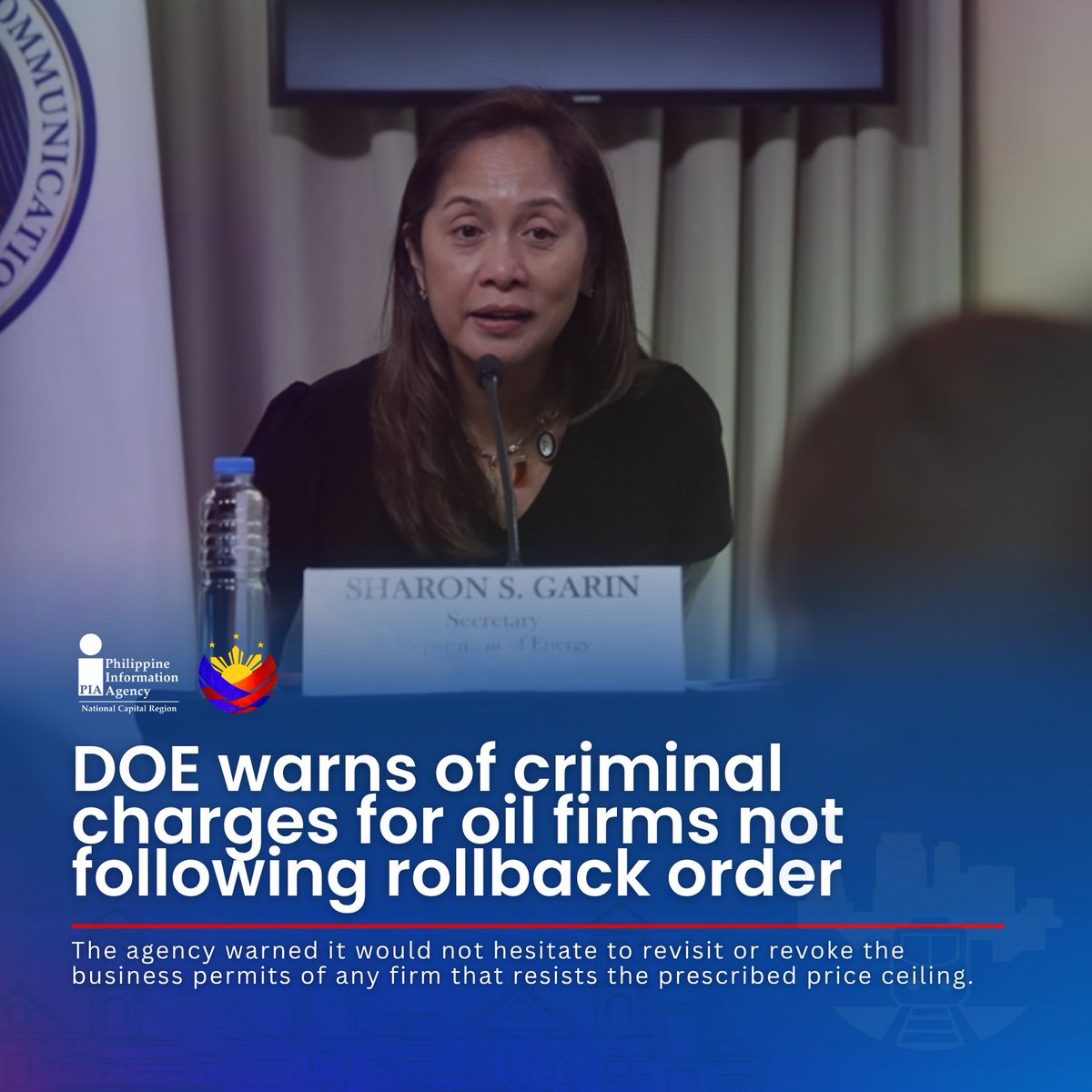 PIA_NCR's tweet image. The Department of Energy (DOE) issued a stern warning to oil companies today, stating that those failing to implement the mandated #fuelprice rollback face criminal prosecution and potential imprisonment. | @DOEgovph