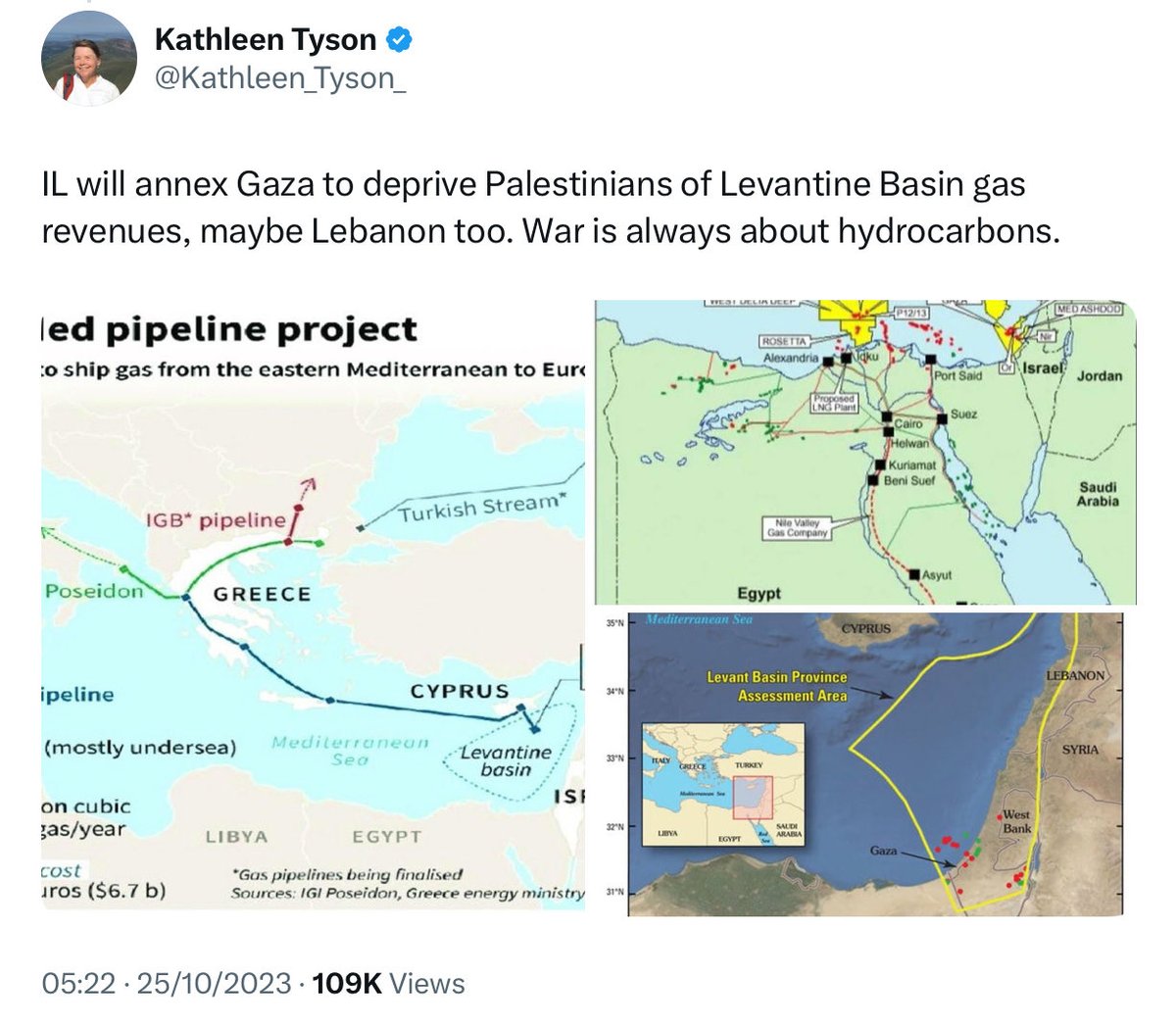 As I predicted in October 2023, and as agreed with UK, Cyprus, and Greece back in 2019.

October 7 was pretext for Israel annexing Gaza and Lebanon for the gas of the Levantine Basin to exclusively enrich Israelis. Syria will be next after Lebanon now US troops have withdrawn.