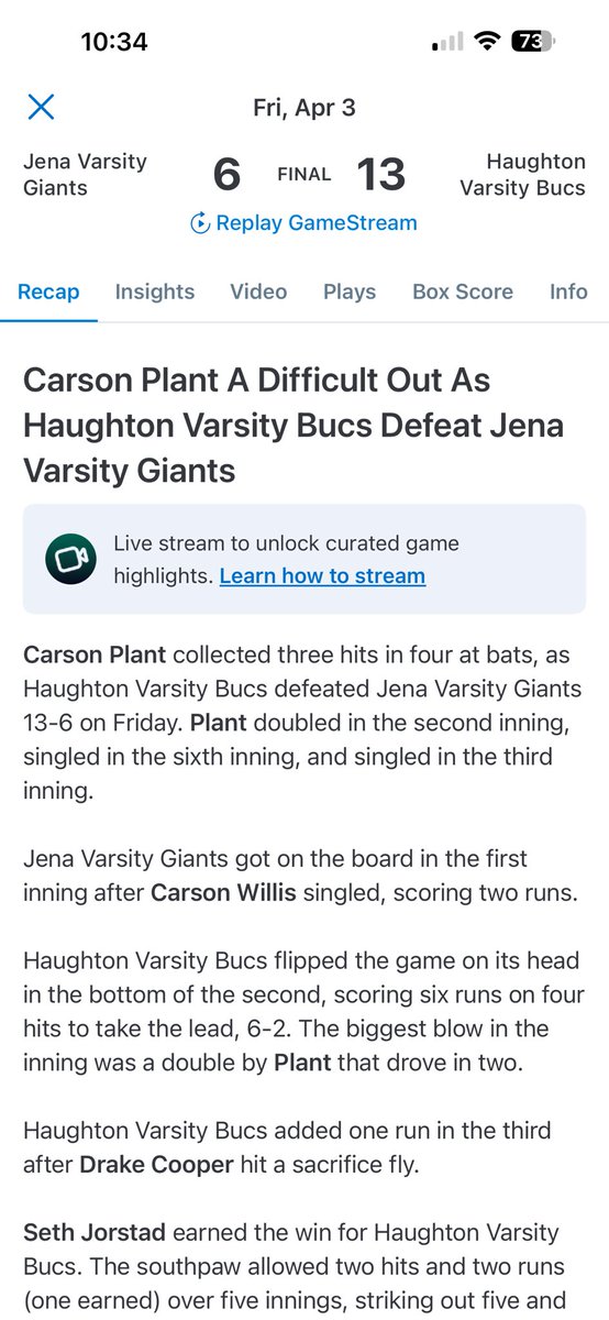 Cplant_02's tweet photo. 4-3-26 vs lakeside &amp; Jena collected 4 hits over 2 games in 5 abs w 3 rbis, earned player of the game https://t.co/t9j16nbLhR