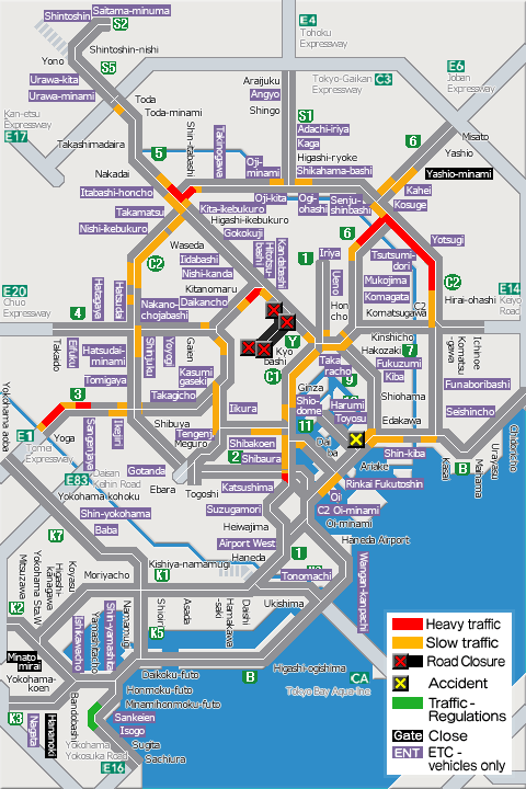 shutoko_EN's tweet photo. This map shows the traffic conditions as of  1 p.m. on the Metropolitan Expressway. For more information, please see the following link.
#Shutoko
https://t.co/cIezY4a0MV https://t.co/LCVge0ojUZ