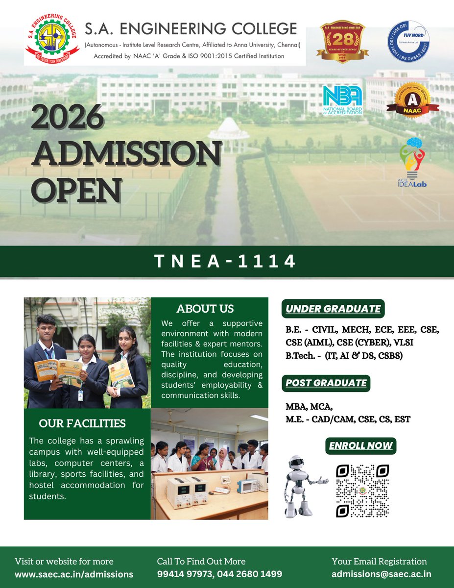 dev_saec's tweet image. 🎓 *Admissions Open 2026!*
Begin your journey toward a successful future with S.A. Engineering College 🚀
 *TNEA Code: 1114
#AdmissionsOpen2026 #EngineeringLife #SAEC #FutureEngineers #HigherEducation #ChennaiColleges
