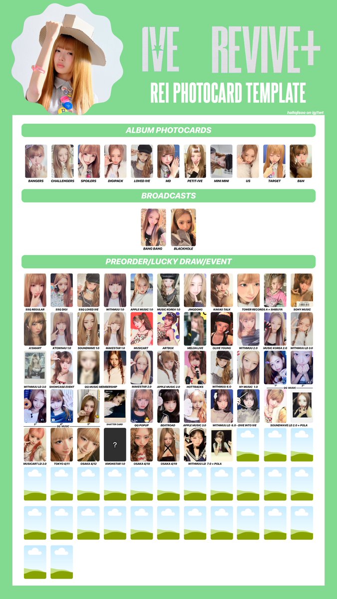 IVE REVIVE+ Full Member Photocard Template

Last Update: 04/20/26 (Tokyo 4/11 + Osaka 4/12 + KMONSTAR 1.0 + Osaka 4/18 + Osaka 4/19 + Withmuu LD 7.0)

Gaeul Yujin Rei
가을 안유진 레이
ガウル ユジン レイ

HD Download: drive.google.com/drive/folders/…