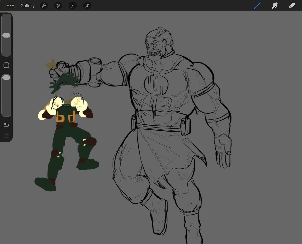 NonnorJohn's tweet image. My friend and I got into an argument over how easily a Viltrumite would do in the MHA verse

Long story short I got mad and remembered I can just spite-draw #Conquest demolishing whoever I want. 
Comment who else I should spite match with gramps

#WIP