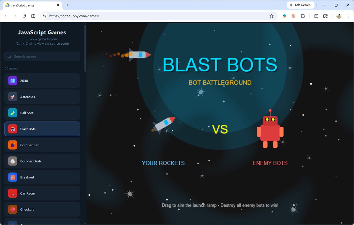 CodeGuppy's tweet image. 🎮 Explore a collection of 50 small games at codeguppy.com/games

Some are hand-written, while others are built with the help of AI.

Every game includes full source code, so you can see how it works and build your own versions.

#gamedev #learntocode