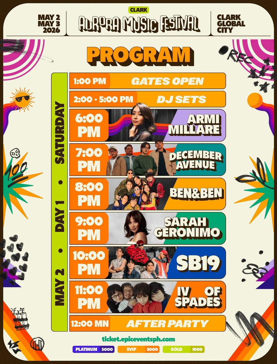 Popsters_PH's tweet photo. Here's the lineup and schedule for Day 1 (May 2, 2026) of the Aurora Music Festival at Clark Global City. 🔥 Popstar Royalty Sarah Geronimo is set to take the stage at 9pm! 

Get your tickets here: https://t.co/lLGJW7utpE

@JustSarahG #SarahGeronimo
#AuroraMusicFestival2026 https://t.co/vi1Fs6kRTU