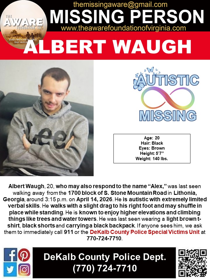 aware_the's tweet image. 🚨 URGENT MISSING PERSON ALERT 🚨

Albert Waugh, 20, who may also respond to the name “Alex,” has been reported missing and needs to be found immediately.

He was last seen on April 14, 2026, around 3:15 PM walking away from the 1700 block of S. Stone Mountain Road in Lithonia,