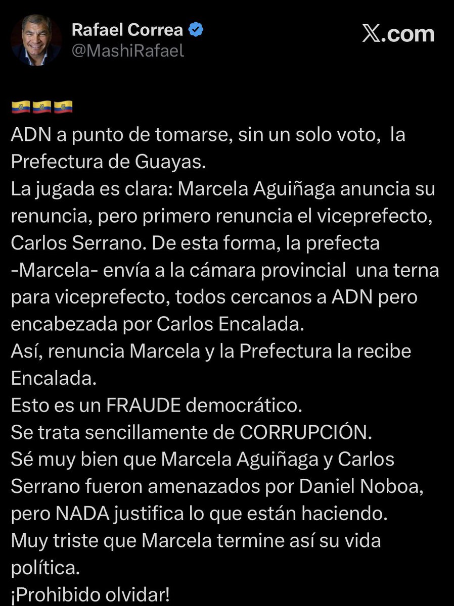 Rafael Correa afirma que ADN estaría por asumir la Prefectura del Guayas sin votos, tras una supuesta estrategia que involucraría la renuncia de la prefecta Marcela Aguiñaga y del viceprefecto Carlos Serrano. Además, califica la situación como “fraude democrático” y “corrupción”.