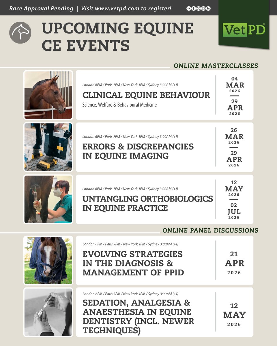 VetPD's tweet image. Mark your Equine CE calendar 

Expert-led MasterClasses, Panels &amp;amp; Hands-on Workshops. 
Built for real-world decision-making.

Learn online. Learn globally. 
Visit zurl.co/pU4EH to secure your place 

#EquineVet #VetPD #VeterinaryEducation