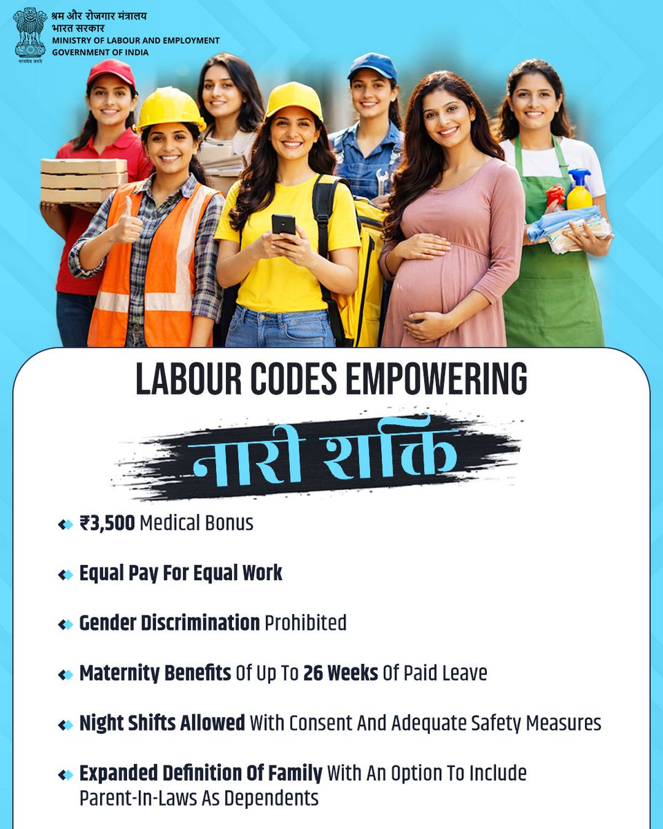 Nari Shakti Powering India’s Progress🇮🇳📷

Celebrating the initiative that opened new pathways for women across India, the Labour Codes further strengthen this effort by ensuring safer, fairer &amp; equitable opportunities as women drive policy, prosperity and progress.  

#MoLE