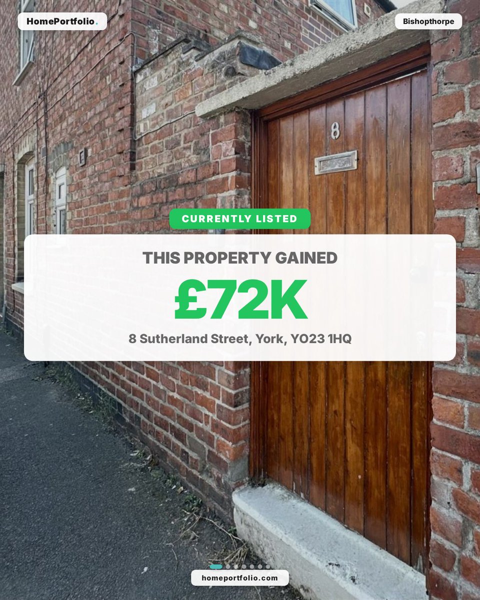 home_portfolio's tweet image. 8 Sutherland Street, York, YO23 1HQ
1-bed flat.

Bought for £124,000 in 2015.
Now valued at £196,000.

£72,000 gained (+58%).
Rental yield: 5.5% (£900/mo).

📊 Data: homeportfolio.com -- 435M+ UK property data points
#UKProperty #HousePrices #PropertyInvestment #buytolet