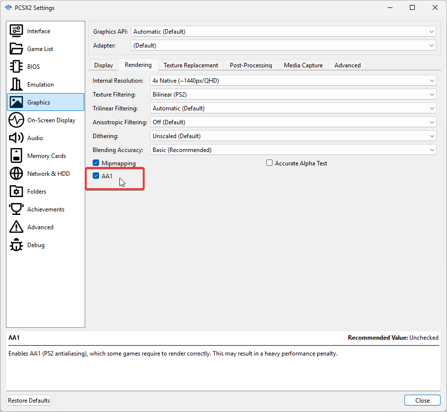 PCSX2's tweet photo. As such, you can enable it by going to the Settings → Graphics → Rendering → AA1. https://t.co/zJIMkVUoNX