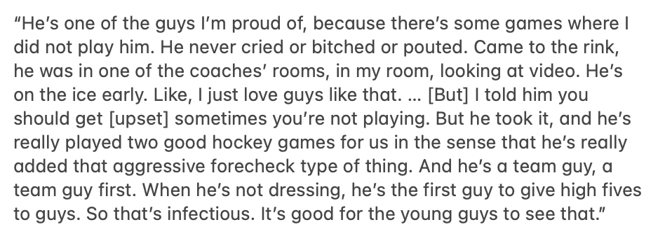 jackiespiegel93's tweet image. Coach Rick Tocchet on Garnet Hathaway, who had a monster game and scored the #Flyers second goal.

“He’s one of the guys I’m proud of, because there’s some games where I did not play him. He never cried or bitched or pouted."

Full quote⬇️