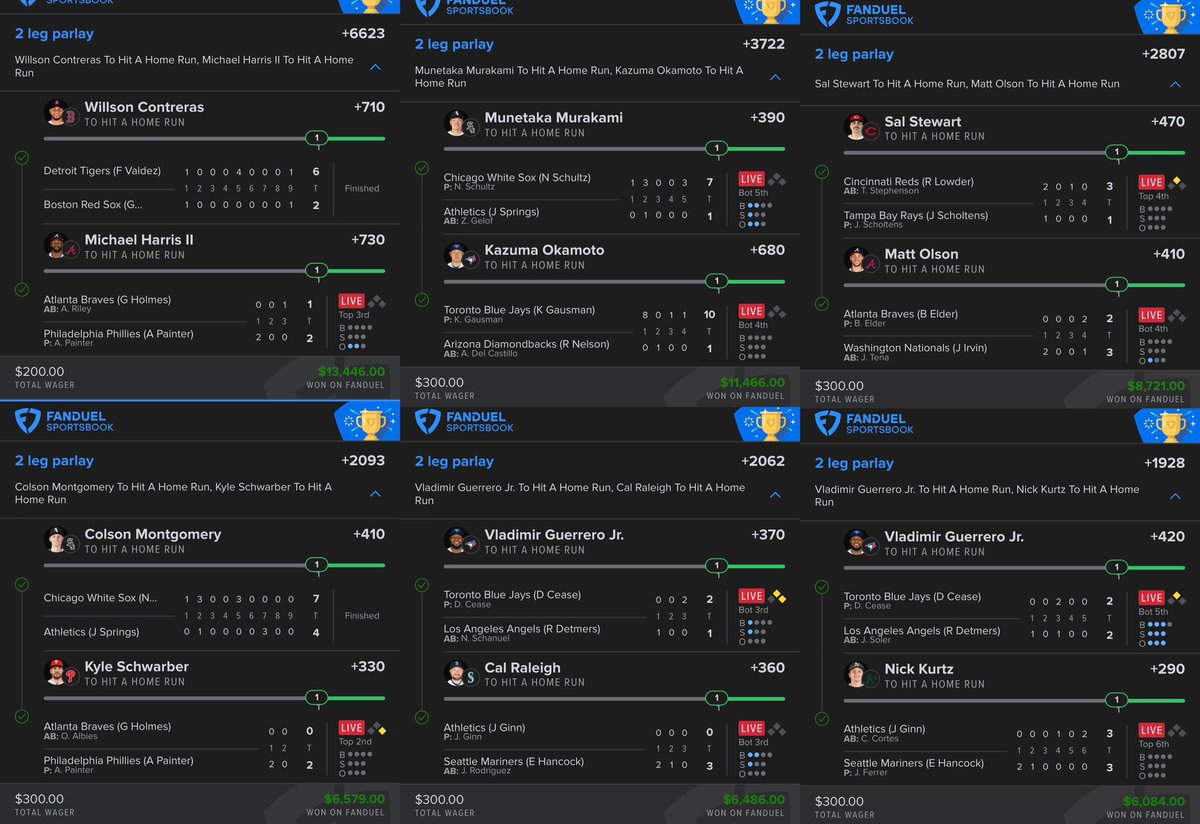 $50,000 from 6 homers in 48 Hours!😨

✅ $200 into $13,400
✅ $300 into $11,400
✅ $300 into $8,700
✅ $300 into $6,500
✅ $300 into $6,400
✅ $300 into $6,000
… we doing this all season! 

($10) You Cant Miss Diner Tuesday: 
➡️ whop.com/checkout/plan_…