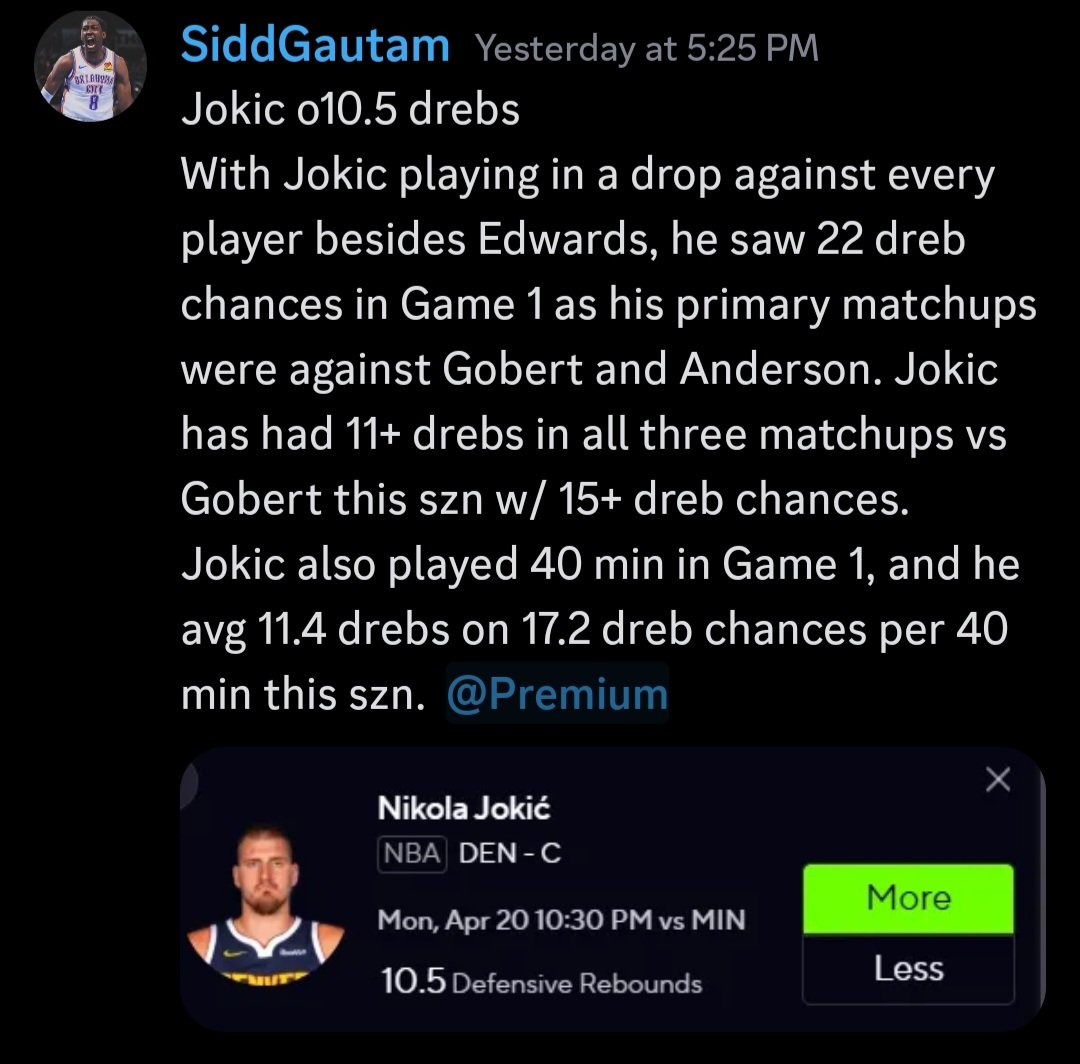 SiddGautam5's tweet image. Cash Nikola Jokic Over 10.5 Defensive Rebounds ✅️

#PrizePicks #DFS #GamblingTwitter #PlayerProps #Sportsbetting #GamblingX #FreePicks #FreePlays #NBA #NBAPicks #nbabets #NBATwitter