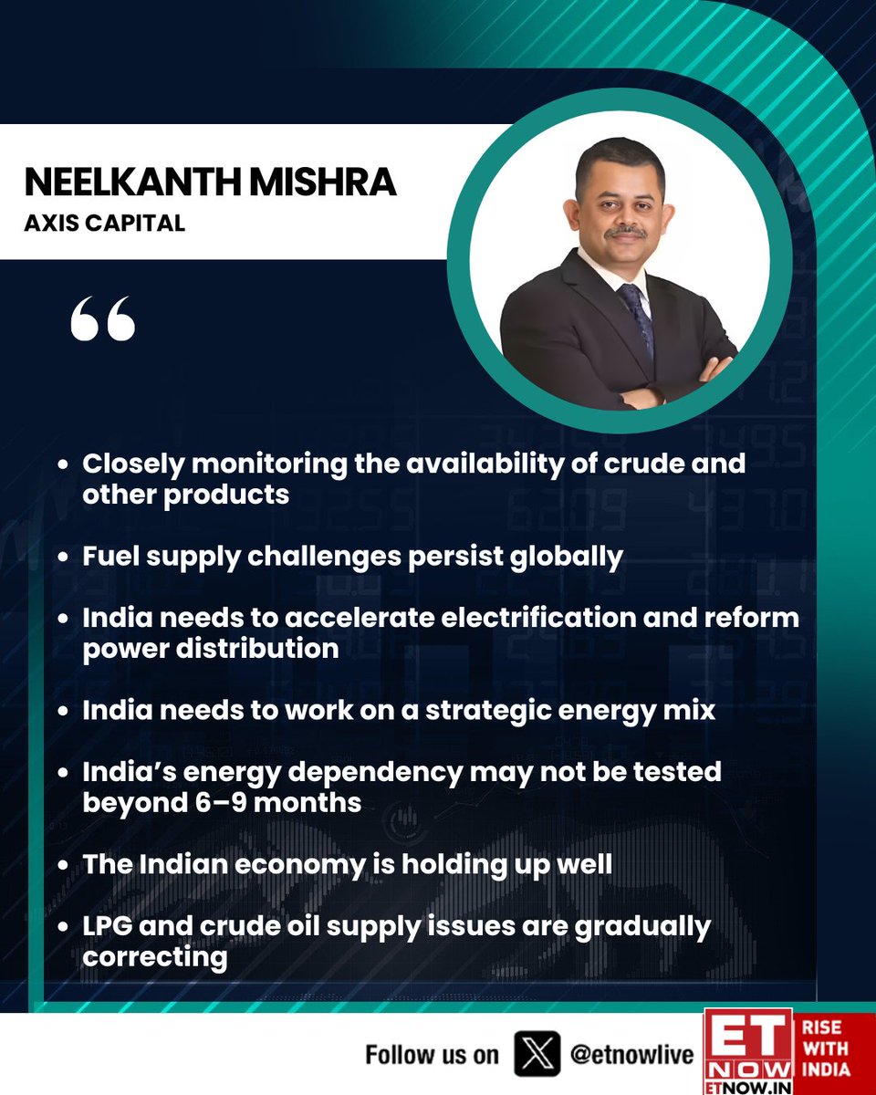 ETNOWlive's tweet image. #OnETNOW | Neelkanth Mishra of Axis Capital flags tightening inventories and lingering supply risks, but sees India holding steady while calling for stronger energy strategy as global disruptions play out

#IndiaEconomy #GlobalEconomy #OilMarkets #SupplyChain #Inflation