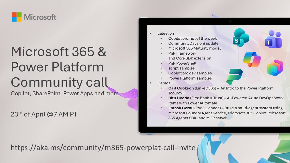 SharePoint's tweet image. 📅 Agenda for the #Microsoft365 &amp;amp; #PowerPlatform community call 23rd of April

• The latest news &amp;amp; updates ⚡
• Focus on #Copilot, #SharePoint &amp;amp; #PowerPlatform
• Presented by Carl Cookson, Ritu Hooda &amp;amp; Franck Cornu

+more! 🚀

👋 Join the call → msft.it/6012QheK6