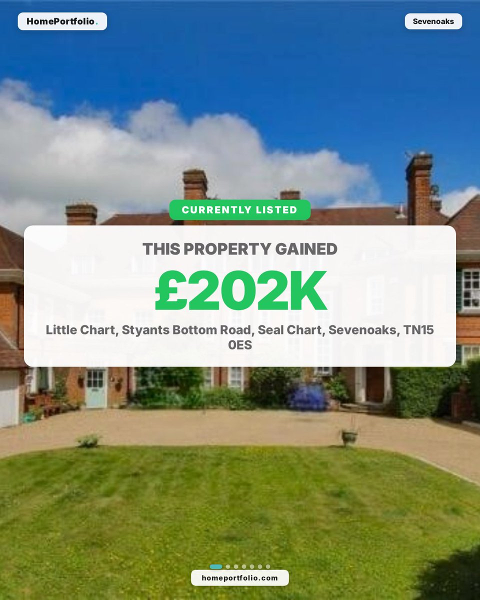 home_portfolio's tweet image. Little Chart, Styants Bottom Road, Seal Chart, Sevenoaks, TN15 0ES
3-bed flat.

Bought for £560,000 in 2019.
Now valued at £762,000.

£202,000 gained (+36%).
Rental yield: 3.9% (£2,450/mo).

📊Data: homeportfolio.com -- 435M+ UK property data points.
#UKProperty #buytolet