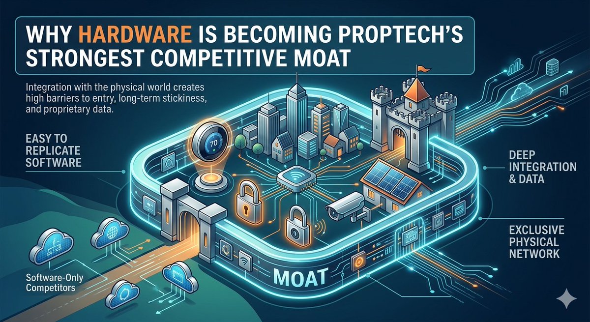 Hardware is emerging as a critical PropTech moat, offering high switching costs and proprietary data through physical integration like smart locks and sensors. This physical-digital fusion provides deeper, more defensible integration in real estate compared to software-only