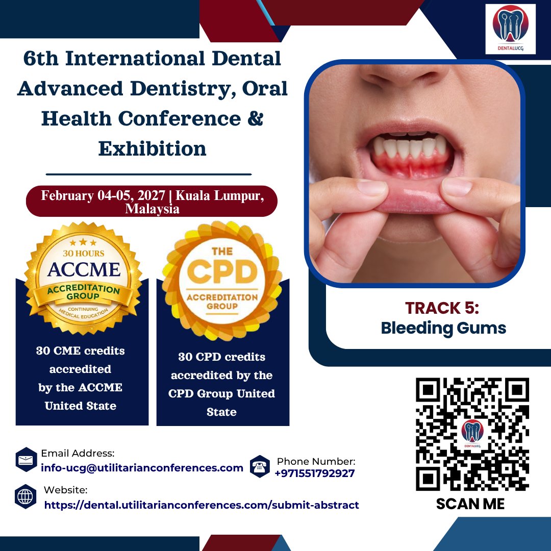 Dr_josehph's tweet image. Call for Abstracts 🦷
Track 05: Bleeding Gums

Join the Dental Conference | Feb 04–05, 2027 | Kuala Lumpur

Share your research &amp;amp; innovations in periodontal health

Submit now: dental.utilitarianconferences.com/submit-abstract

#CallForAbstracts #Dentistry #OralHealth #DentalConference