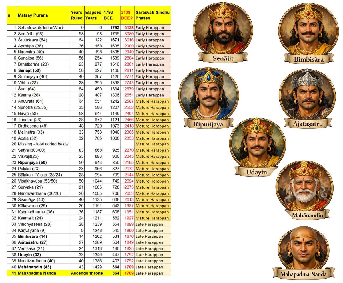 Puranas does the unthinkable!🔥

Three Puranas - Matsya, Vayu and Brahmanda - preserve the names of every king who ruled after the Kurukshetra War and before the historical king Mahapadma Nanda!🔥

They preserve even the period each king ruled, to the minutest detail!🔥

This