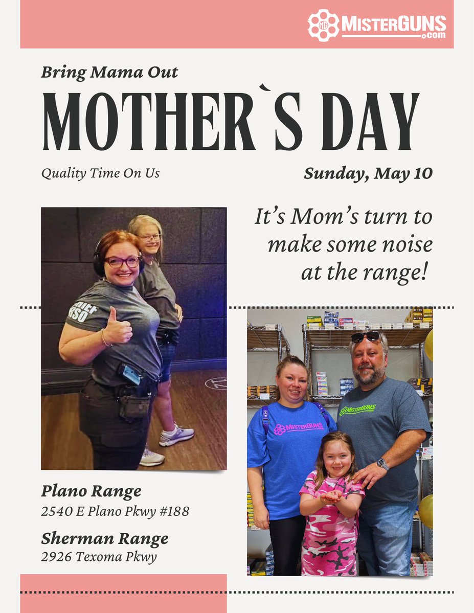 MrGunsOfficial's tweet image. Free Range Time for Mom on Sunday, May 10th 🫶💥 Planning Mom’s Day Out? Stop by our Plano or Sherman locations for quality time on us! 

#mothersday #rangeday #pewpew #mothersdayevent