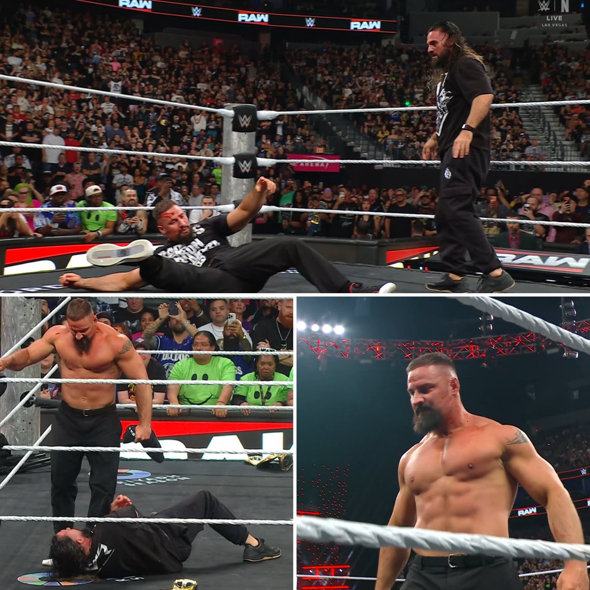 onlylukaWfans's tweet image. #SETHROLLINS luego empieza a golpear a un sangrante #BRONBREAKKER peeero este termina quedando en lo alto con un par de brutales SPEARS #wweraw