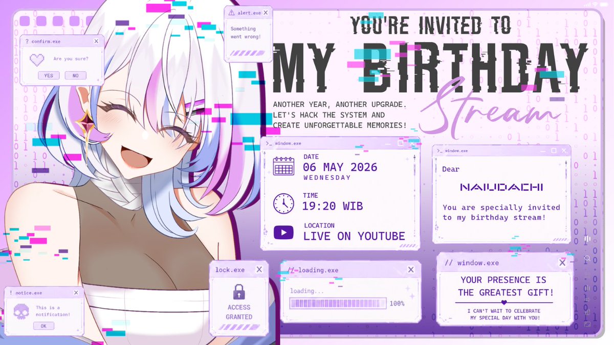[ SYSTEM BOOTING… ]
[ ACCESS GRANTED ] 💻 

Halo, user.

Kamu secara resmi diundang untuk memasuki sebuah sistem rahasia—
sebuah perayaan spesial dalam rangka level up kehidupanku.

📅 : Rabu, 6 Mei 2026
⏰ : 19:20 WIB
📍 : youtube.com/watch?v=ZEiMlO…