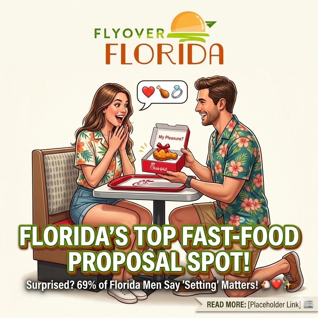 FlyoverFlorida's tweet photo. ❤️🍗 Love Me Tender - Chicken Tenders that is! 💍

Forget the fancy candlelit dinners—it turns out the way to a Floridian’s heart is through an 8-count nugget and some waffle fries! 🍟✨

According to a new survey, Chick-fil-A is the #1 fast-food spot in Florida for marriage proposals. With 69% of Florida men admitting they believe the setting of a proposal can influence the big "YES," many are choosing the "Pleasure" of the Golden Arches' neighbor!

What do you think? Is a Chick-fil-A proposal romantic or a "my pleasure" pass? 🐔❤️

Tag someone who loves Chick-fil-A enough to say "I Do" in the drive-thru! 👇

Read more about the survey here: https://t.co/fIK0B0x9Rp

#FlyoverFlorida #ChickfilA #FloridaLife #MarriageProposal #FastFoodLove #FloridaNews #LoveAndNuggets