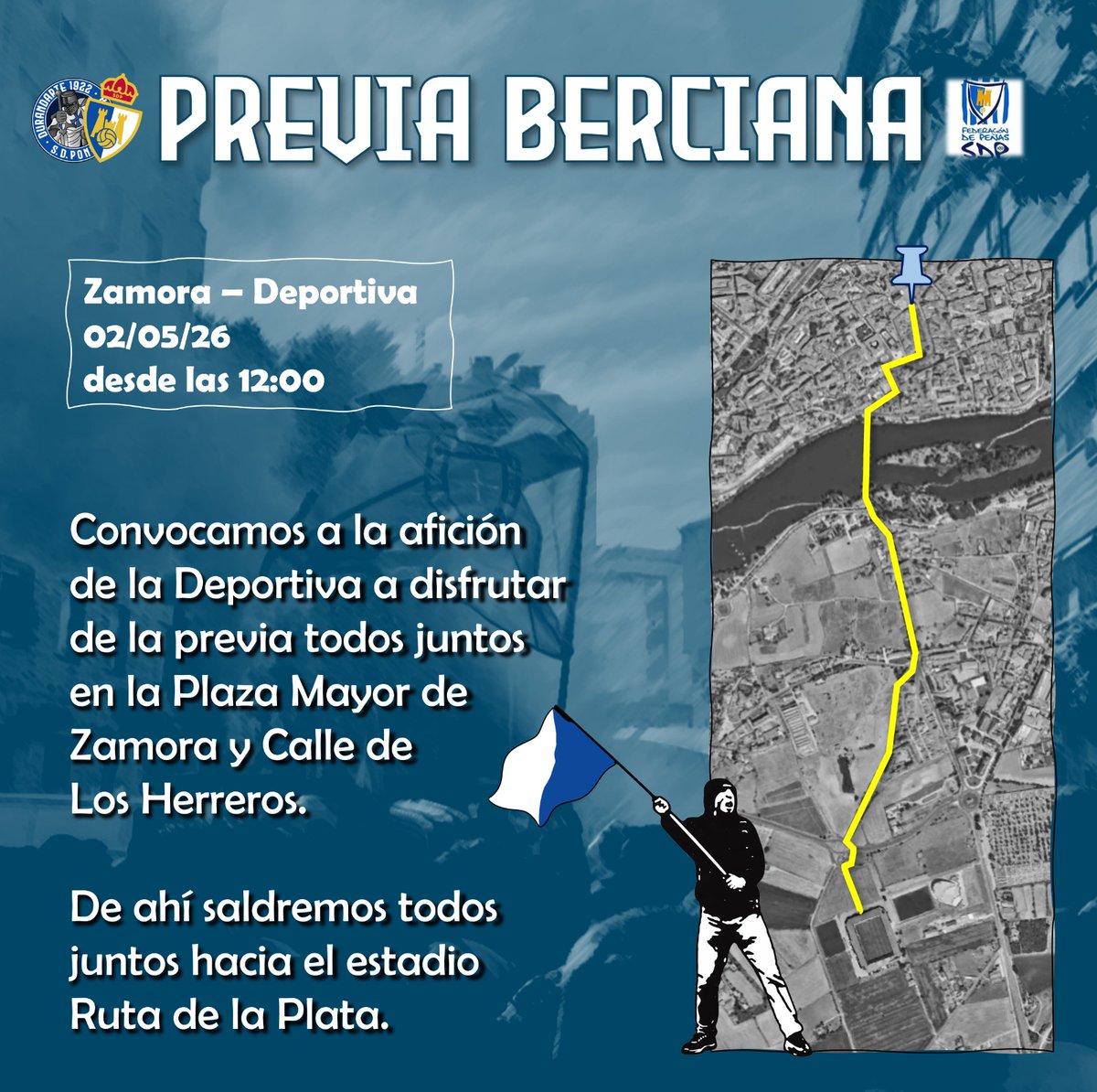🔵 ¡ATENCIÓN BLANQUIAZULES! ⚪

Este sábado convocamos a toda la afición desplazada a Zamora a disfrutar de la previa todos juntos en la Plaza Mayor y Calle de Los Herreros.

Y después todos juntos hacia el Ruta de la Plata.

¡No faltes!