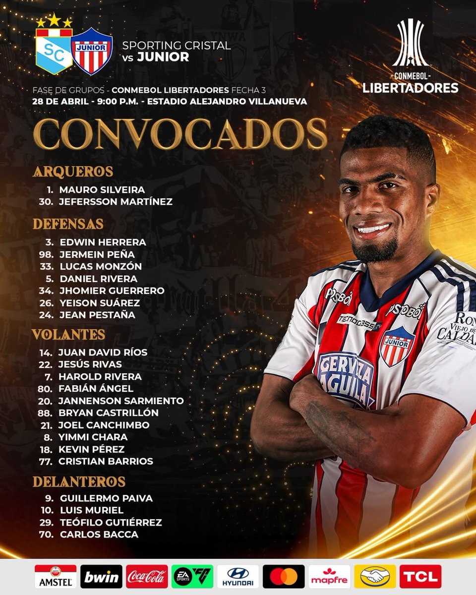 Los convocados de <a href="/JuniorClubSA/">Junior FC</a> para enfrentar a <a href="/ClubSCristal/">Club Sporting Cristal</a> en la <a href="/Libertadores/">CONMEBOL Libertadores</a>