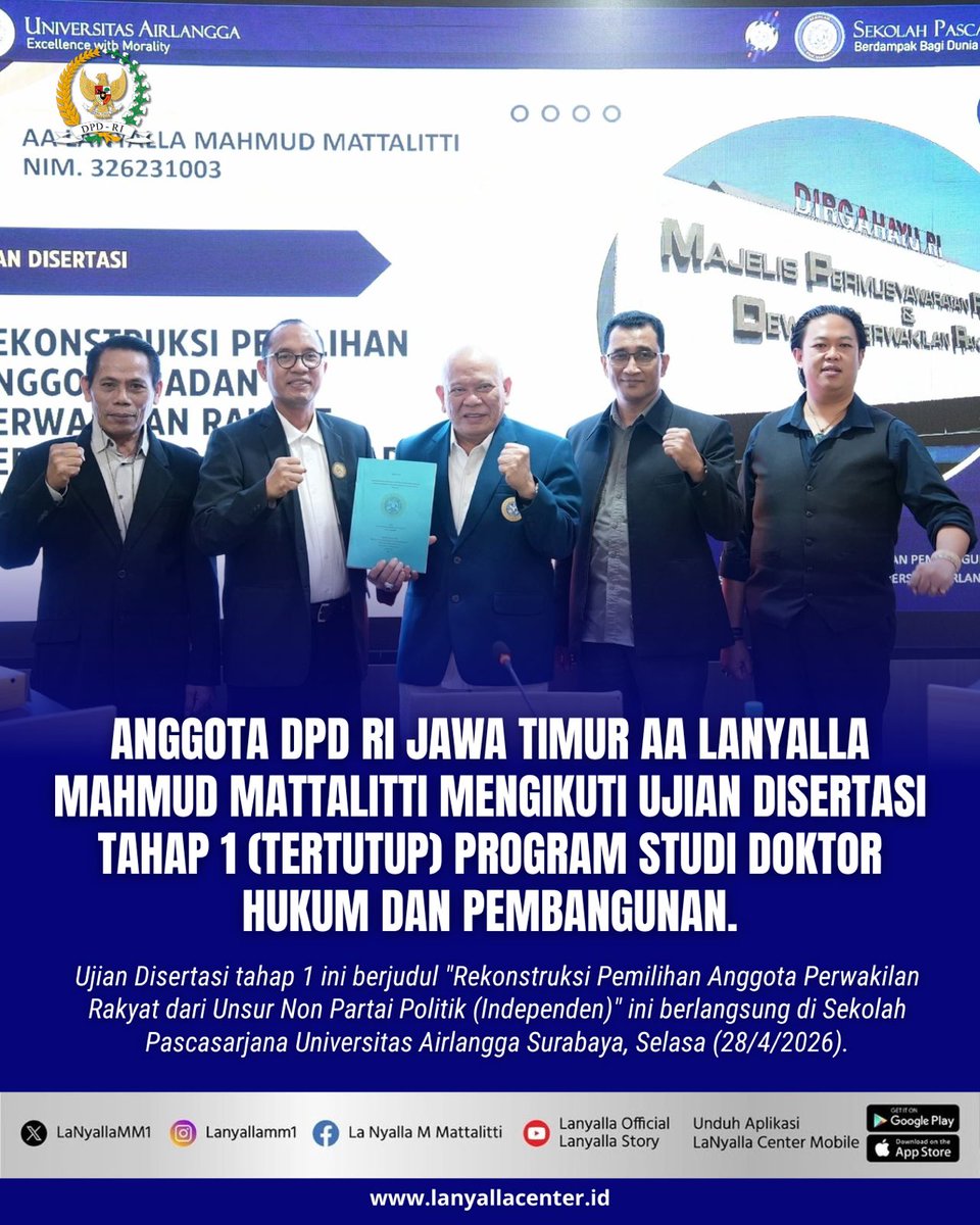 LaNyallaMM1's tweet image. Anggota DPD RI Jawa Timur AA LaNyalla Mahmud Mattalitti mengikuti Ujian Disertasi tahap 1 (tertutup) Program Studi Doktor Hukum dan Pembangunan.

#lanyalla #dpdri #dpdrijatim #airlangga #unair
@Unair_Official