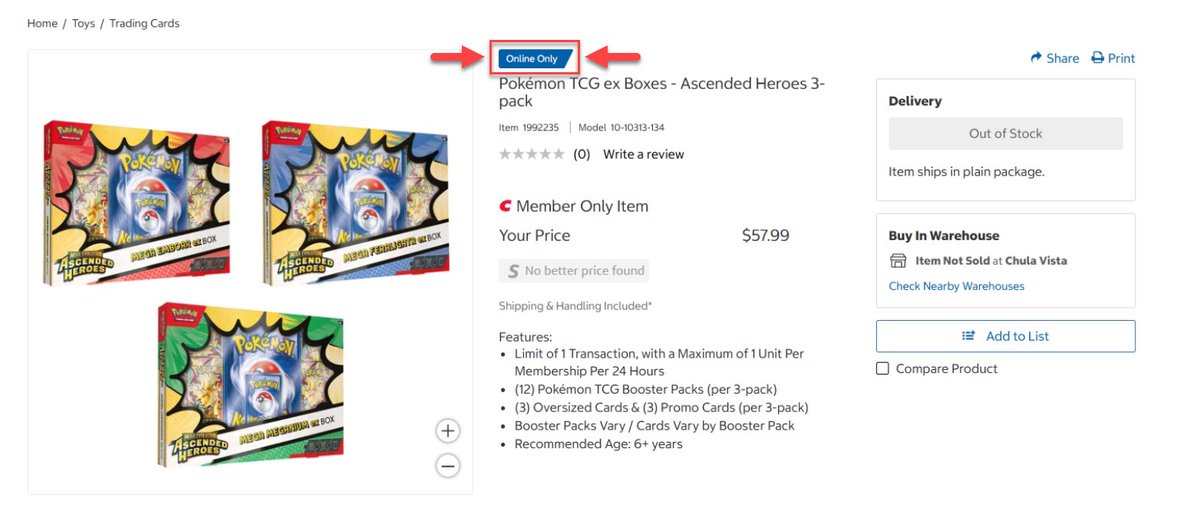 Just wanted to post a reminder, as of right now the 3 pack of Ascended Heroes EX boxes are an online only item at Costco.

I've already seen a certain twitter discord account larping that they are in store and "on the way" to Costco stores...um they aren't. There was a 2 pack